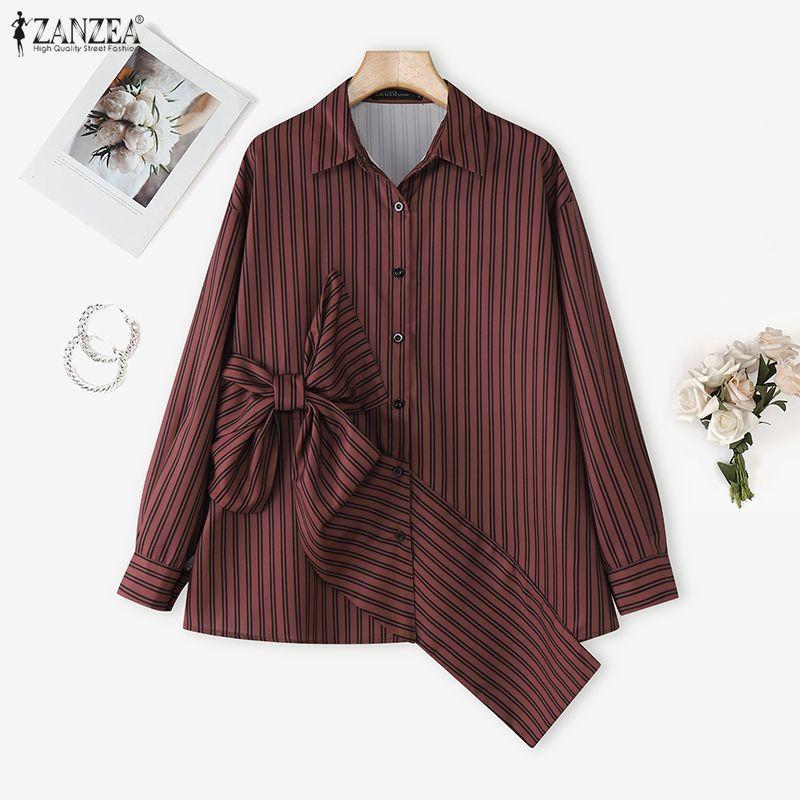 ZANZEA Women Turn Down Collar Casual Long Sleeve Stripe Blouse