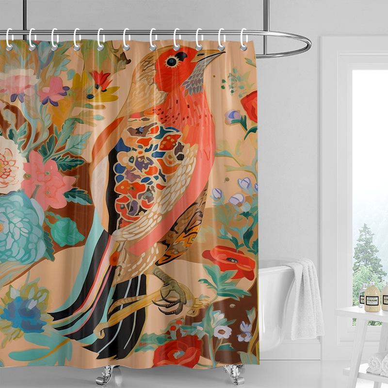 

Tropical Birds Bath Curtain - Vibrant Orange & Yellow Gradient, Botanical Patterns, Artistic & Modern Bathroom Decor 90x180cm