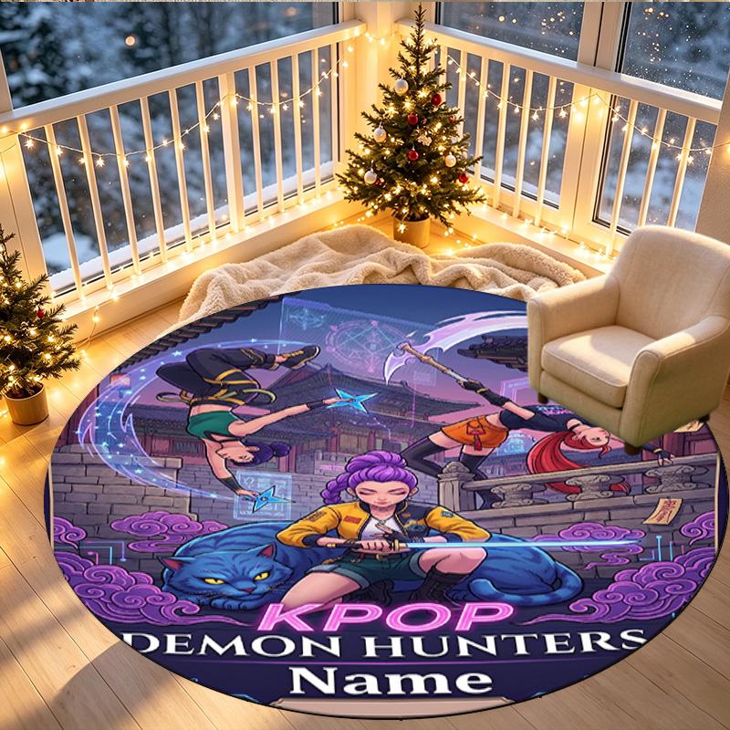 Custom Name Personalized Kpop Demon Hunter Print Round Rug, Versatile Home Decor Carpet, for Playroom, Apartment, Balcony, Entryway, Hallway Gift