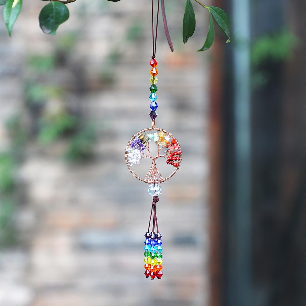 Tree of Life Dream Catcher Car Hanging Ornament Boho Rainbow Tree of Life Crystal Suncatcher Window Wall Decor Christmas GIft