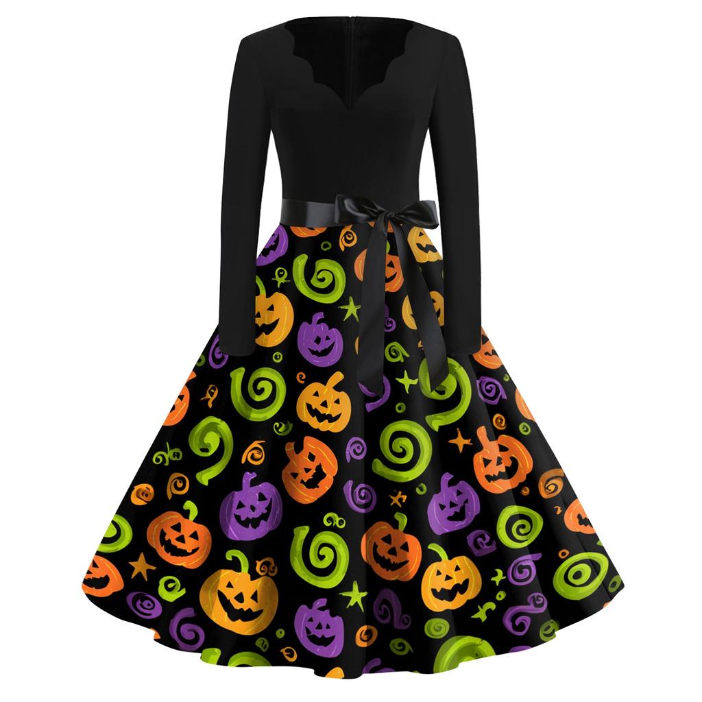 Women Casual Vintage V Neck Dress Halloween Print Long Sleeve Retro Fit and Flare Dress with Waist Tie for Everyday Wear