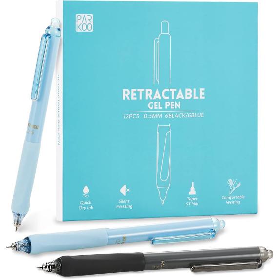 ParKoo Gel Pens Quick Dry Ink Fine Point 0.5mm, Retractable Rolling Ball 6 Black/6 Blue Ink Pen, Click Silent Pens Set for Journaling Notetaking