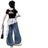Girls' Trendy Backless T-Shirt & Jeans Set with Lace Jazz Dance Cover