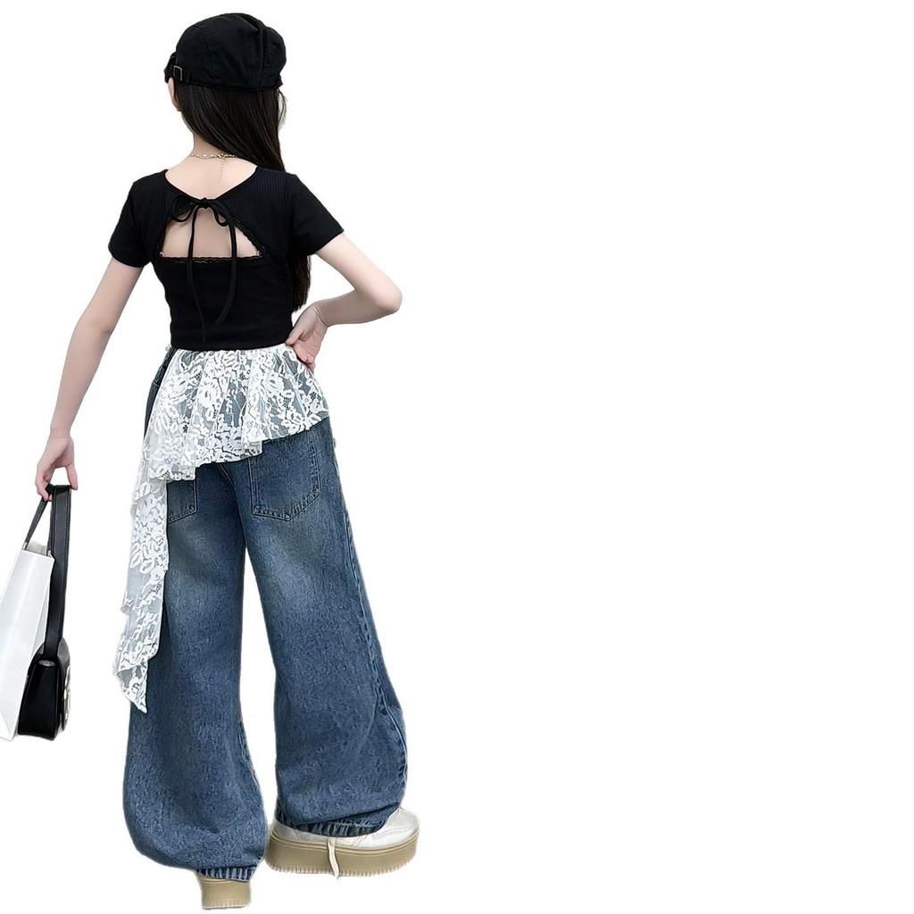 Girls' Trendy Backless T-Shirt & Jeans Set with Lace Jazz Dance Cover