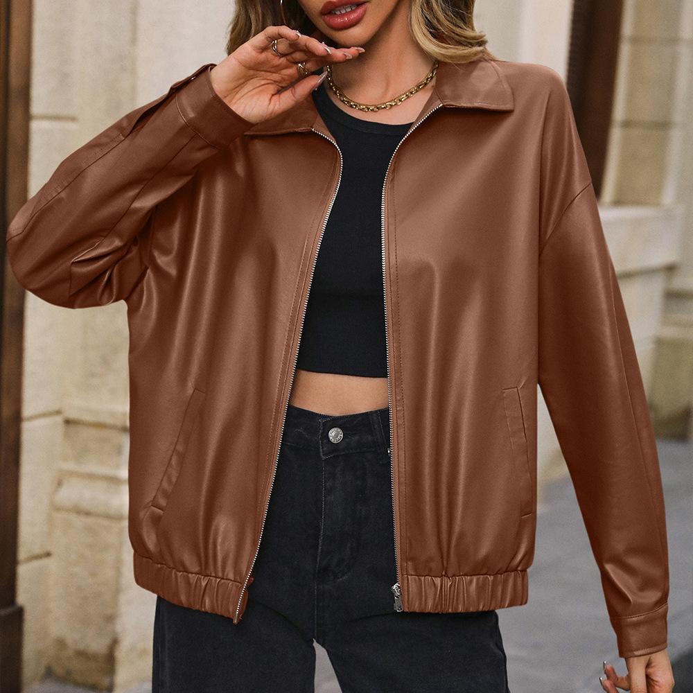 Casual short long sleeves, zipper PU locomotive leather jacket, lapel jacket top