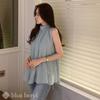 Blue Beryl Chiffon Back Women's Blouse, Gathered, Sleeveless, Ribbon, Lined, Stylish, Blue, BB078-BL-XL