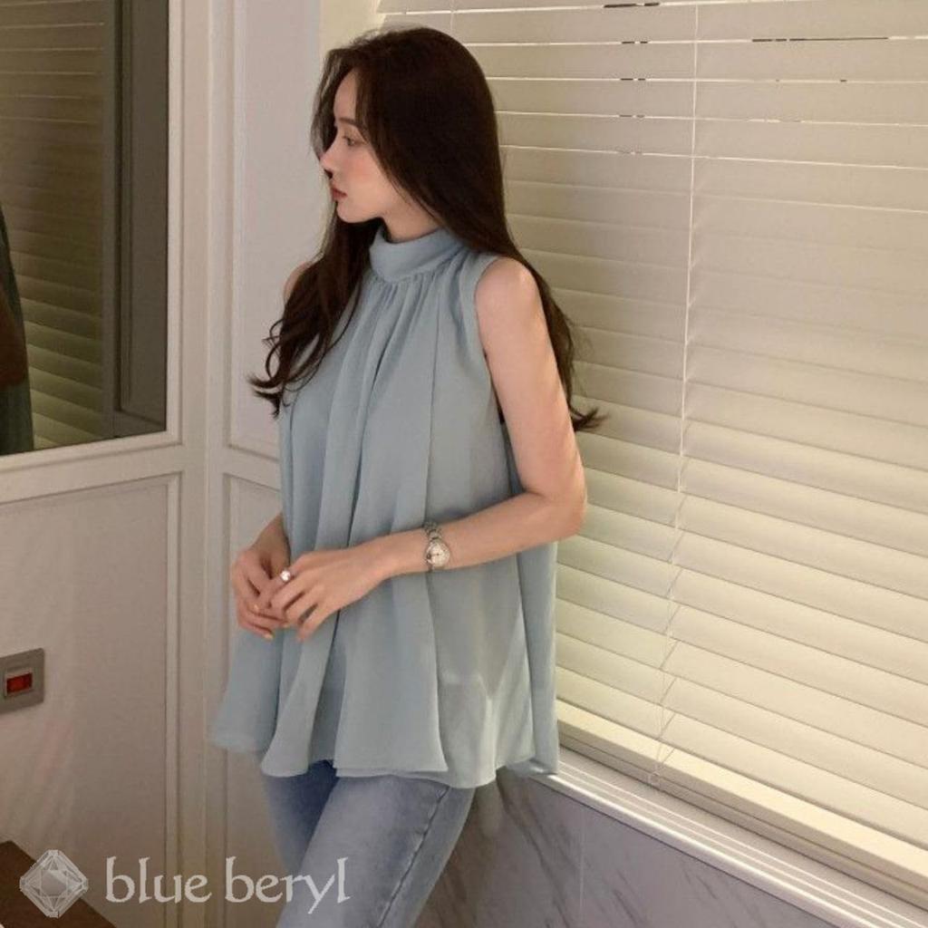 Blue Beryl Chiffon Back Women's Blouse, Gathered, Sleeveless, Ribbon, Lined, Stylish, Blue, BB078-BL-XL