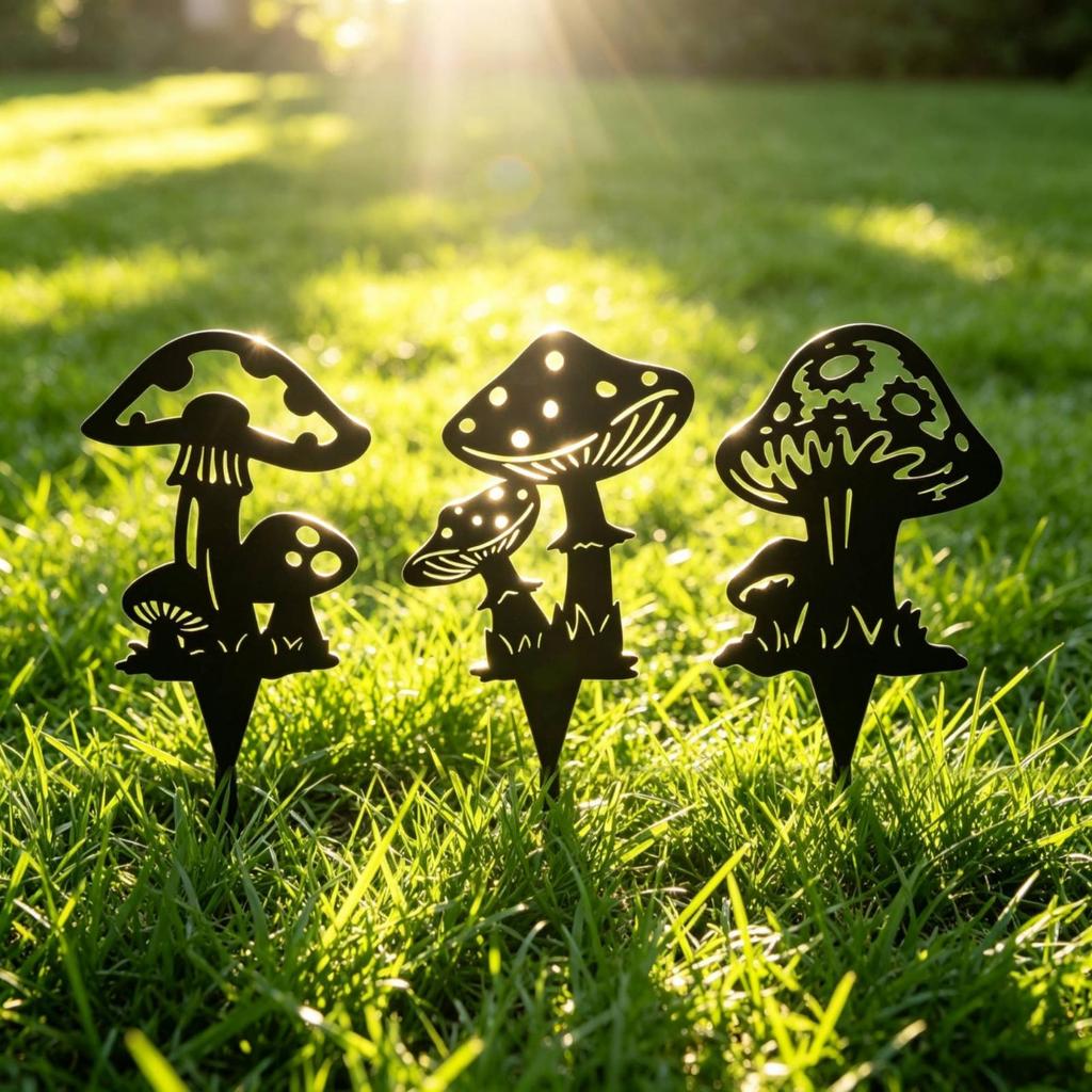 Mushrooms Ground Insert Black Metal Silhouette Sign Flat Garden Stakes for Gardeners,