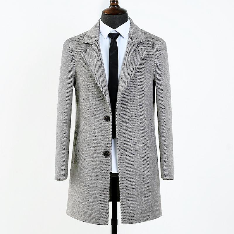 Men Herringbone Trench Coat Notched Lapel