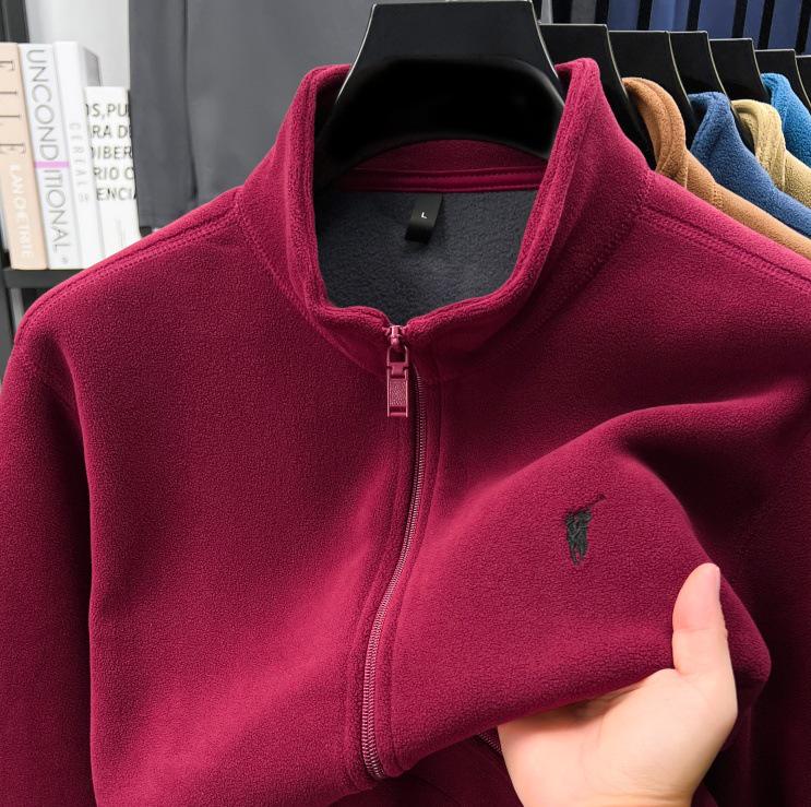 Men's Double-Sided Berber Fleece Stand Collar Jacket with Embroidery – Classic American Style
