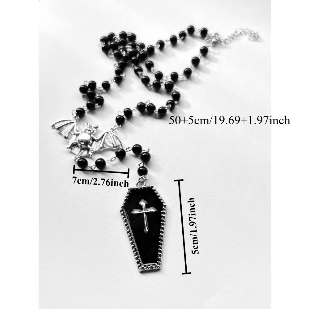 1pc Gothic Y2K Style Beaded Necklace with Bat & Red Cross Pendant - Black Beads, Copper Accents, Perfect for Parties, Graduations, and Travel, Gothic