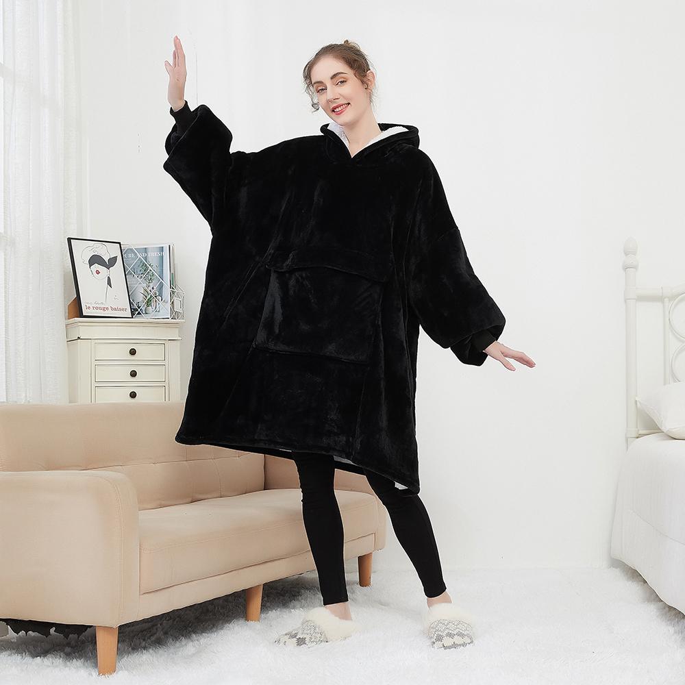 Manufacture Comfortable 100% Polyester Hooded Blanket Flannel Fleece Solid Color Cozy Warm Blanket Hoodie