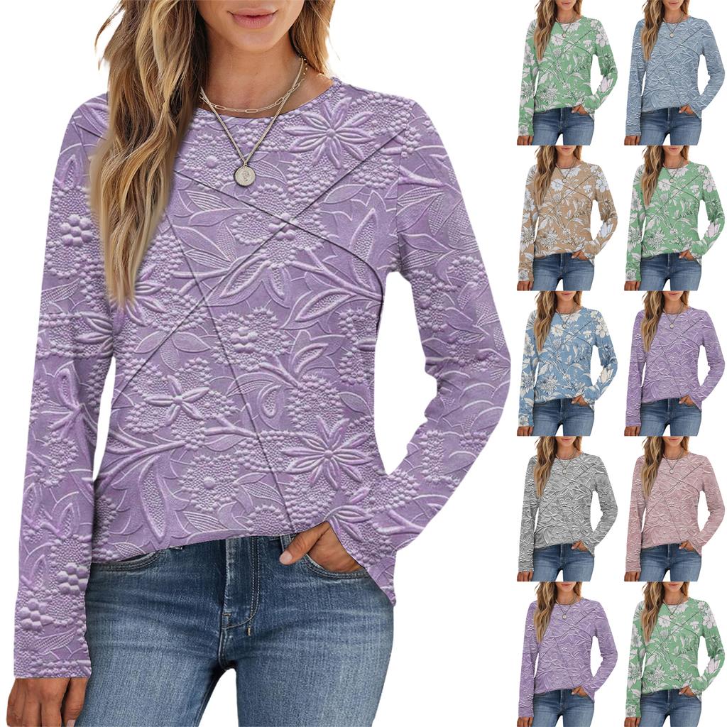 Dámské módní ležérní top s dlouhým rukávem a kulatým výstřihem, volného střihu, s plisováním a květinovým potiskem