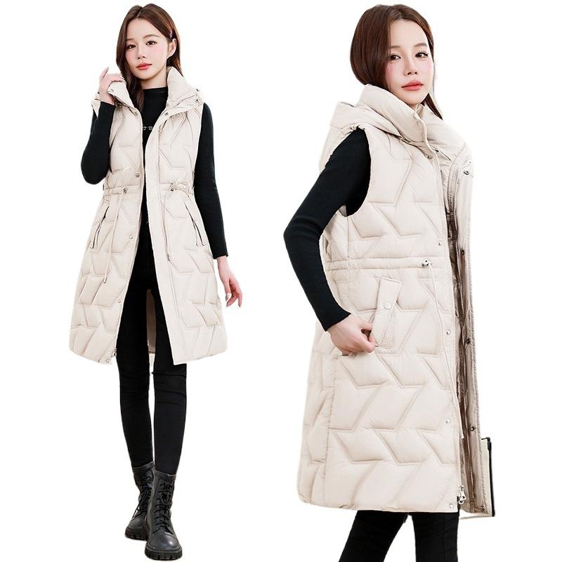 Warm down cotton vest women's hooded medium and long cotton jacket vest waist vest cotton vest jacket