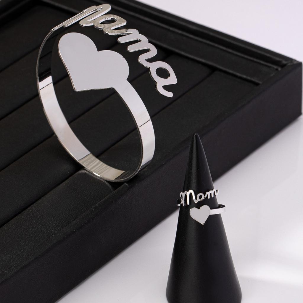 1 Set Of Stylish Minimalist Metal Letters Love Mama Open Women'S Bracelet Ring Set Mother'S Day Gift