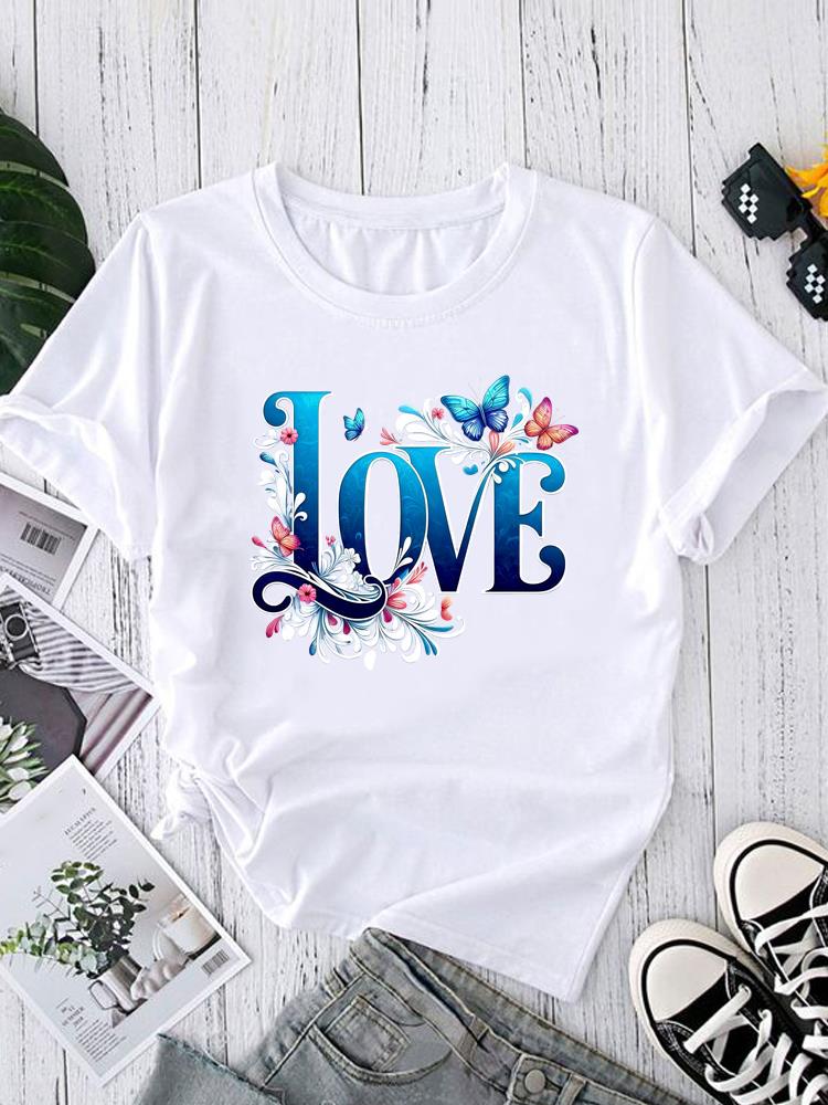 (Asian Size) Women's Clothing T watercolor cute love Graphic Female Top O-neck Tee Fashion Print Casual Short Sleeve T-shirts