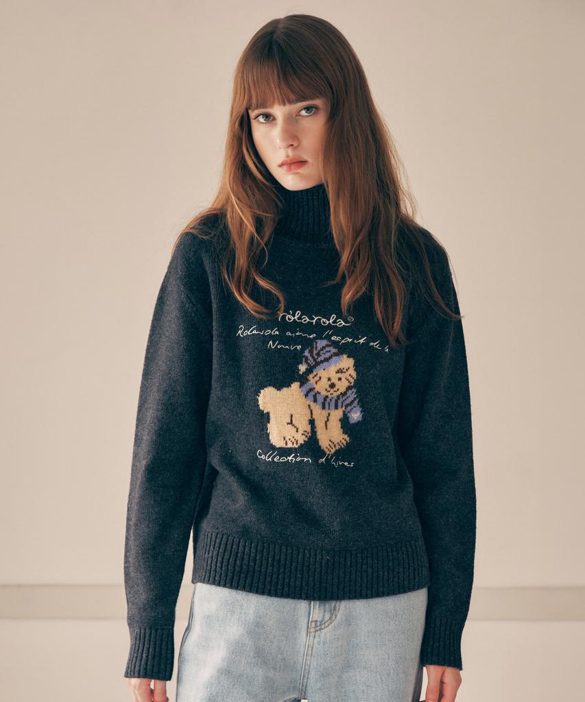 ROLAROLA Puppy Jacquard High Neck Knit Gray