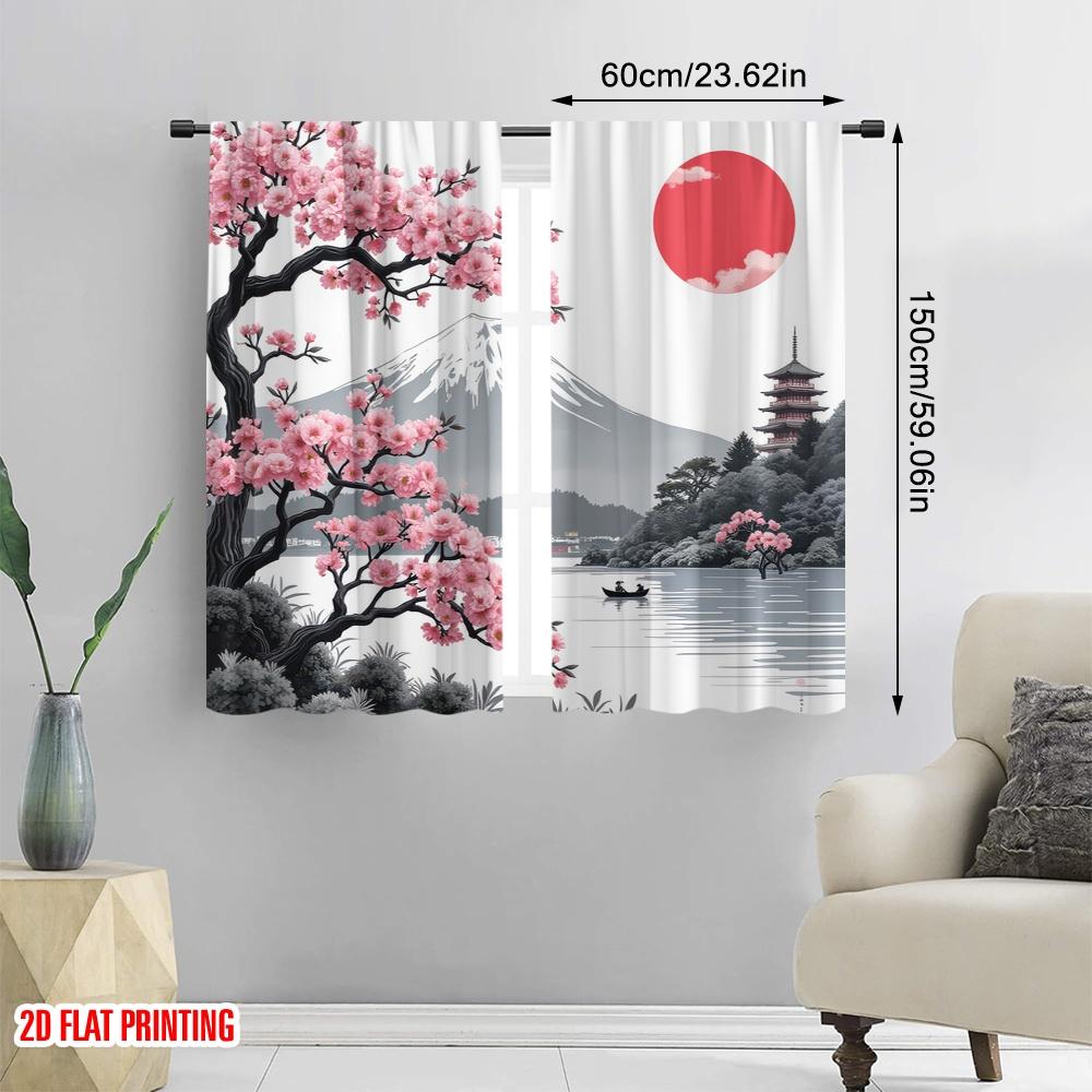 2D Flat Printing 2pcs Curtain Oriental Cherry Versatile Polyester  Without Electricity Versatile Use for All Occasions Decorate