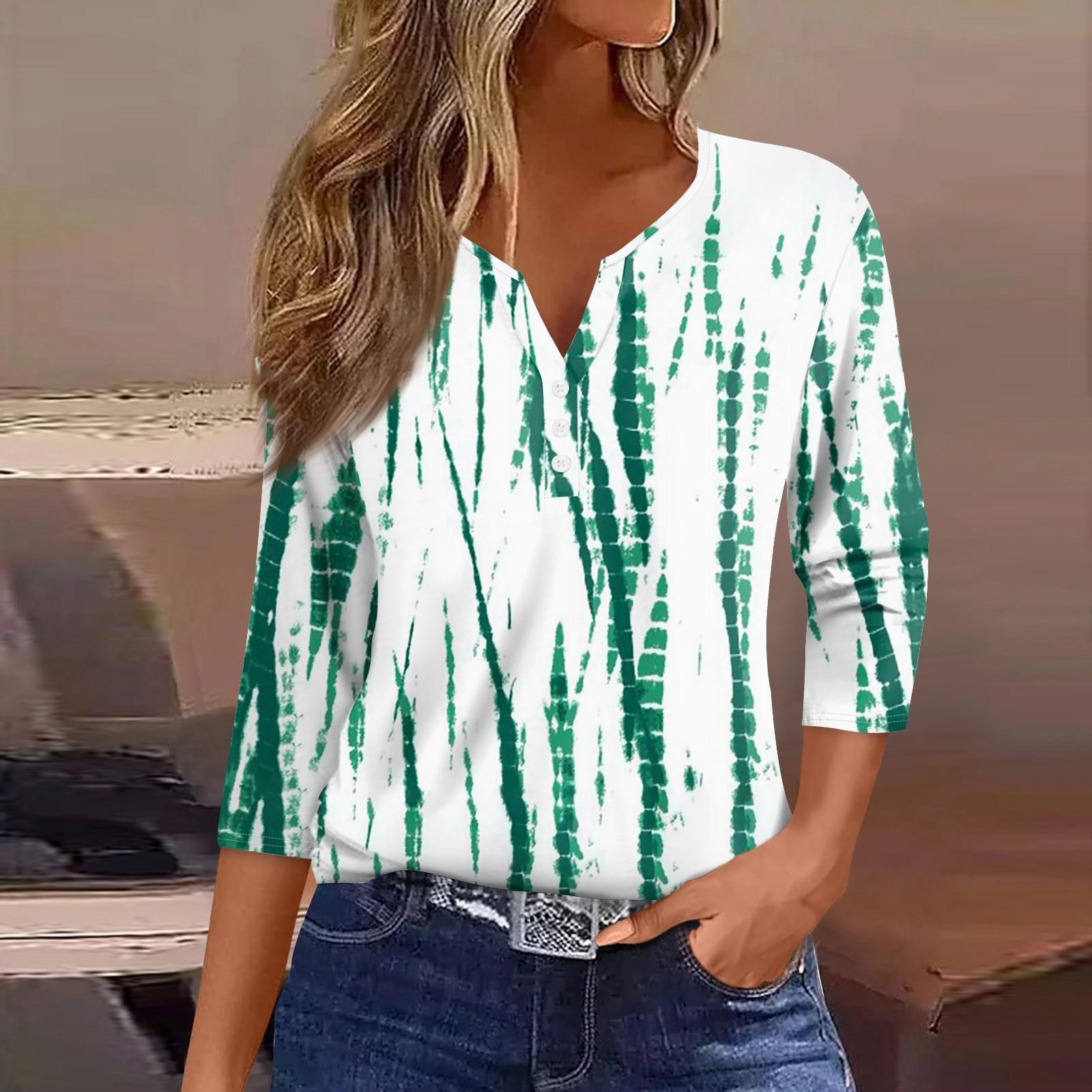 

Жен. Футболка С принтом Пуговицы Рукав 3/4 Повседневные Выходные Мода Классический V-образный вырез Обычный Верх XL зелёный