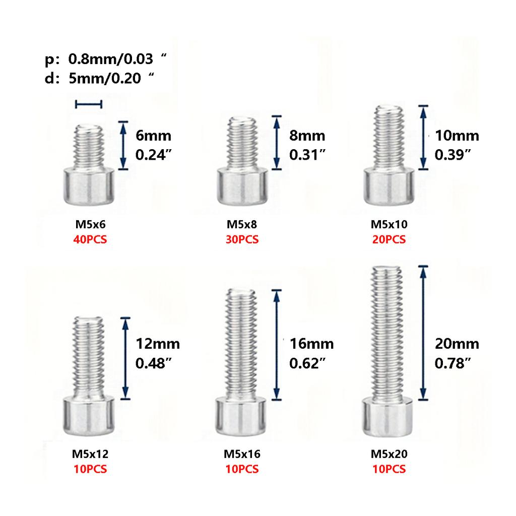 120pcs/Box 210 Stainless Steel Inner Hex Screw M5*6 M5*8 M5*10 M5*12 M5*16 M5*20 Cylindrical Head Stud Mountain Bike Frame