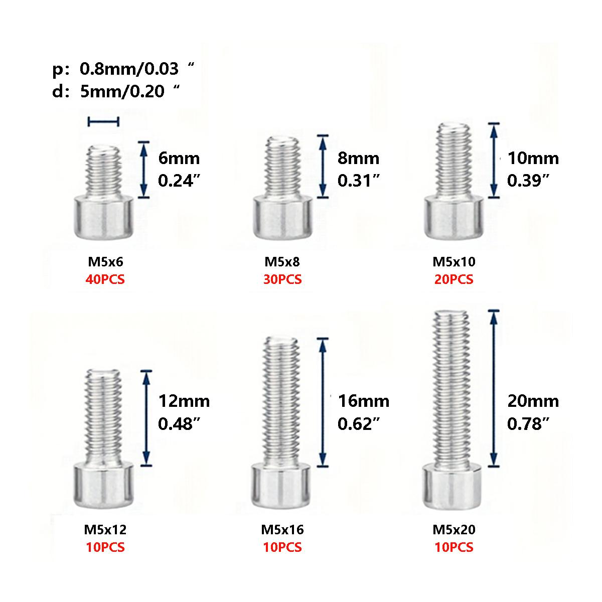 

120 шт./Коробка 210 Нержавеющая сталь Внутренний шестигранник Винт M5*6 M5*8 M5*10 M5*12 M5*16 M5*20 Цилиндрическая головка Шпилька Рама Горного велосипеда 120pcs