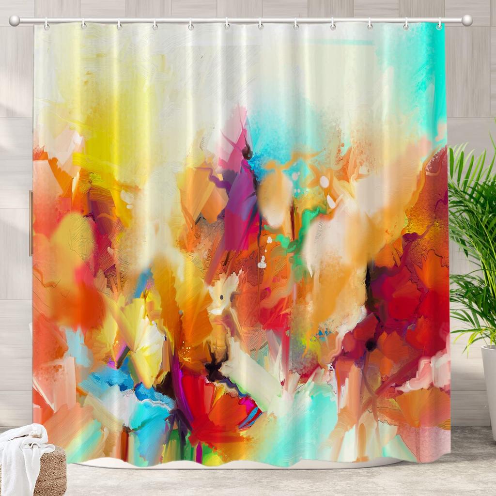 Bunter Duschvorhang Kunst Abstrakt Aquarell Mehrfarbig Regenbogen Atomare Sternenexplosion Mid Century Schwarzer Stoff Badezimmer Dekoration