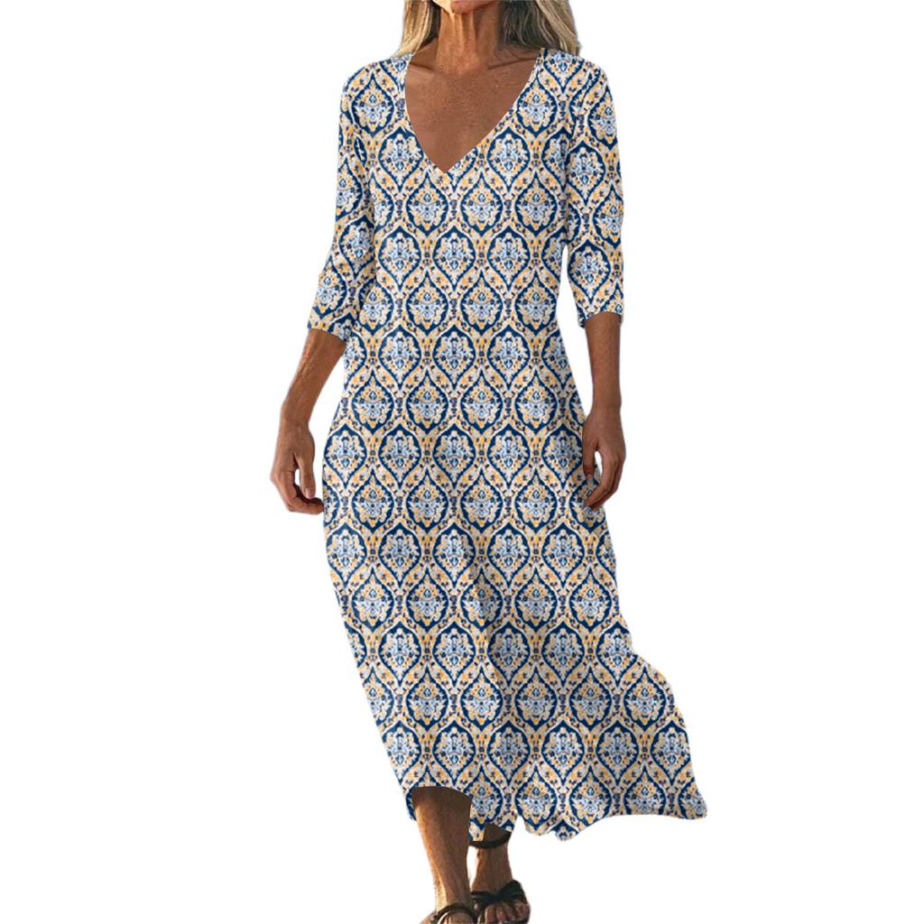 Dresses For Womens Vintage Print Tunic Waisted Midi Dress Summer Casual 3/4 Sleeve Dress