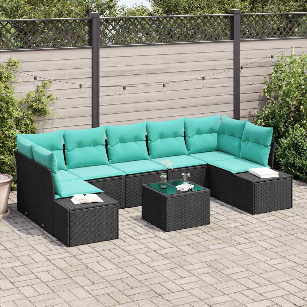 Sofa Set with Cushions 8 pcs Black Poly Rattan
