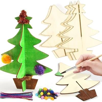 70Pcs DIY Handmade Christmas Tree 3D Parent-Unisex Interaction Christmas Crafts Set Painting Painted Wood Chips