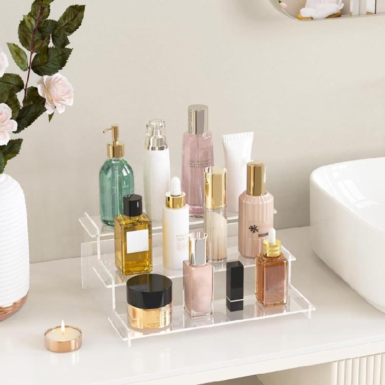 Multiple Level Clear Perfume Shelf Bathroom Vanity Organizers Sturdy Acrylic Display Structure