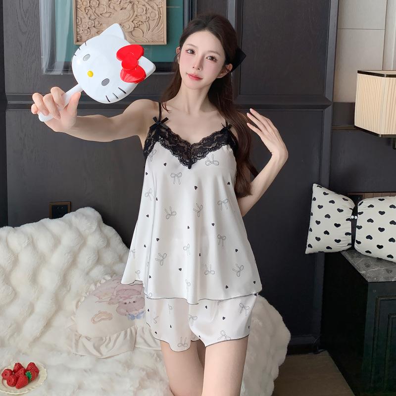 Ice Silk Women's Spring and Autumn Pajamas, Summer Sexy Suspender Shorts, Thin Simulated Silk Two-piece Set, Homewear