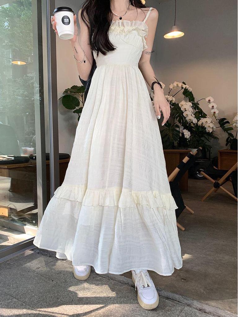 Summer 2025 Women's Ruffle Strap Sundress - Sweet French Waist-Slimming Long Dress
