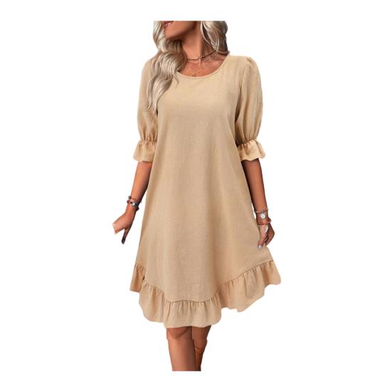 Women's Summer Cotton Linen Dress Casual Crew Neck Short Sleeve Midi Dress Beach Vacation Ruffle Hem Loose Dress