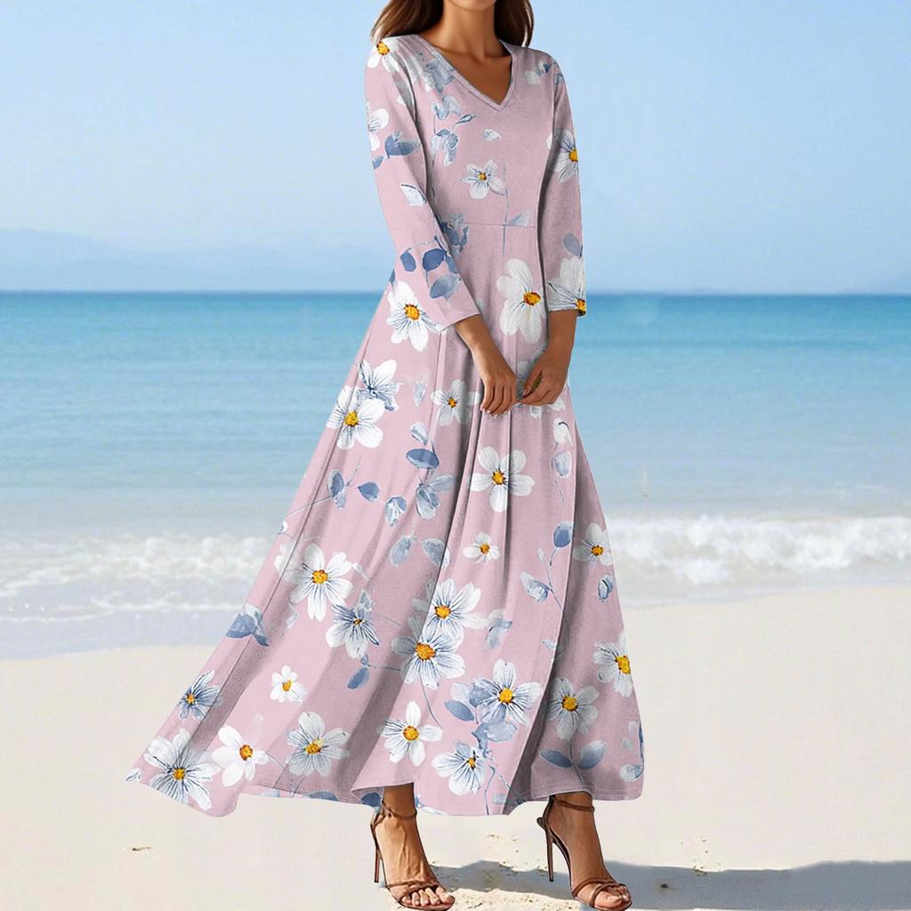 Women's Fashion V-Neck Floating Beach Dresses Seven Sleeve Floral Printed Dresses