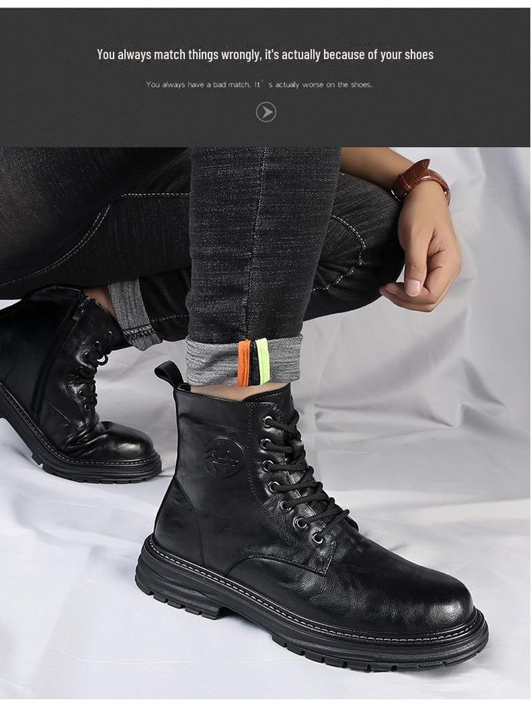 2025 Men's Genuine Leather High Top Martin Boots, Trendy Thick-Soled, Retro British Style, Plus Velvet.