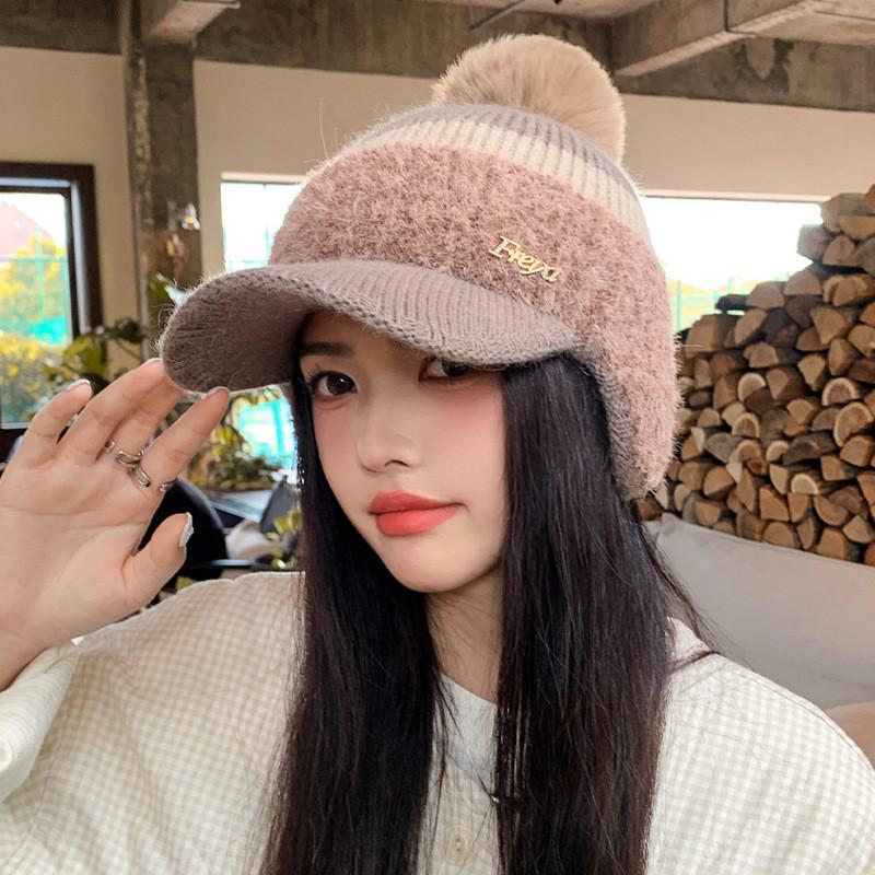 Knit Hat Women Winter Warm Woolen Earmuff Cap With Short Brim For Casual Fashion