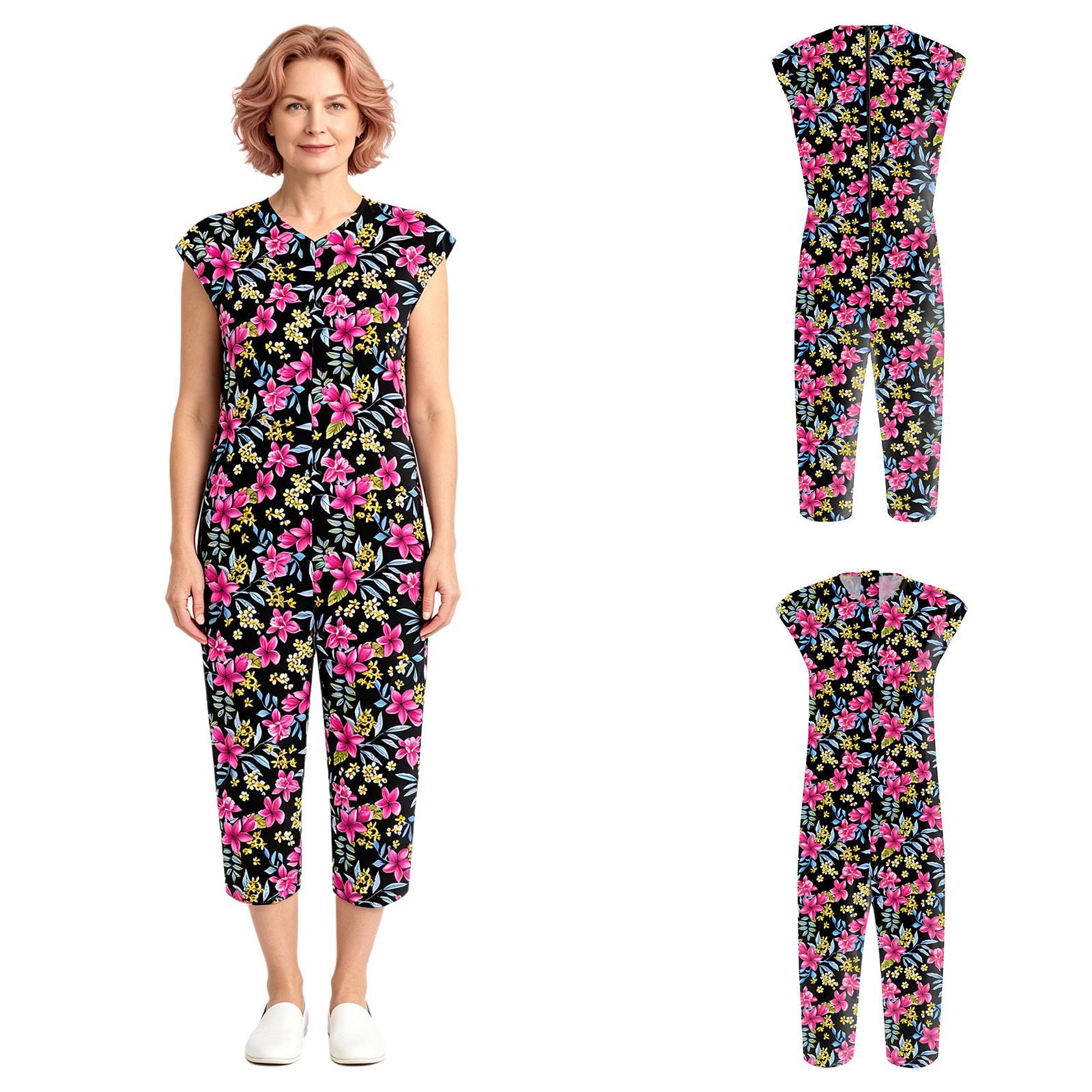 Spezial-Schlafanzug für Frauen V-Ausschnitt Ärmellos Reißverschluss hinten Print Overall Body für Pflegeheime Krankenhaus Tägliche Pflege XS schwarz
