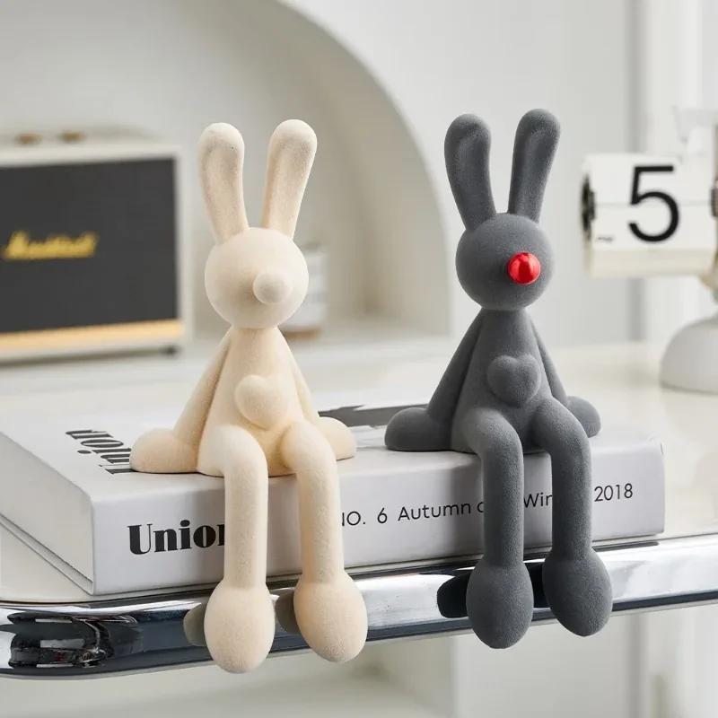 Neue nordische sitzende Kaninchen-Beflockungsfigur mit langem Ohr, TV-Weinschrank, moderne Kunst, Dekoration für Zuhause, Desktop, Veranda, Skulptur, Handwerk