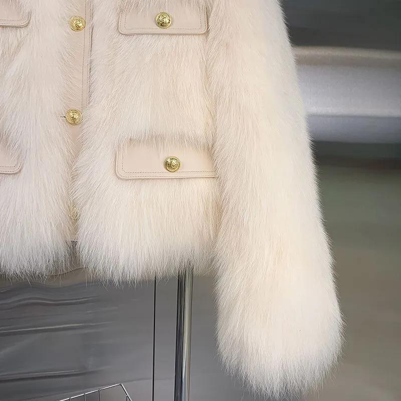 Women Autumn Winter Short Faux Fur Coat Ladies Round Neck Long Sleeves Jacket Comfortable Thickening Plush Outwear