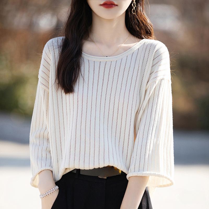 

Пуловер Трикотажная футболка Летняя женская футболка Крутой трикотажный свитер Свободный рукав три четверти XS бежевый