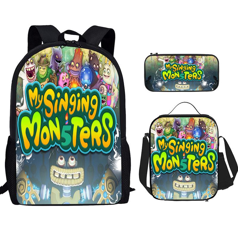 Monster Singer Elementary School Bag Three-Piece Nylon Printed Backpack Breathable Backpack Lightweight