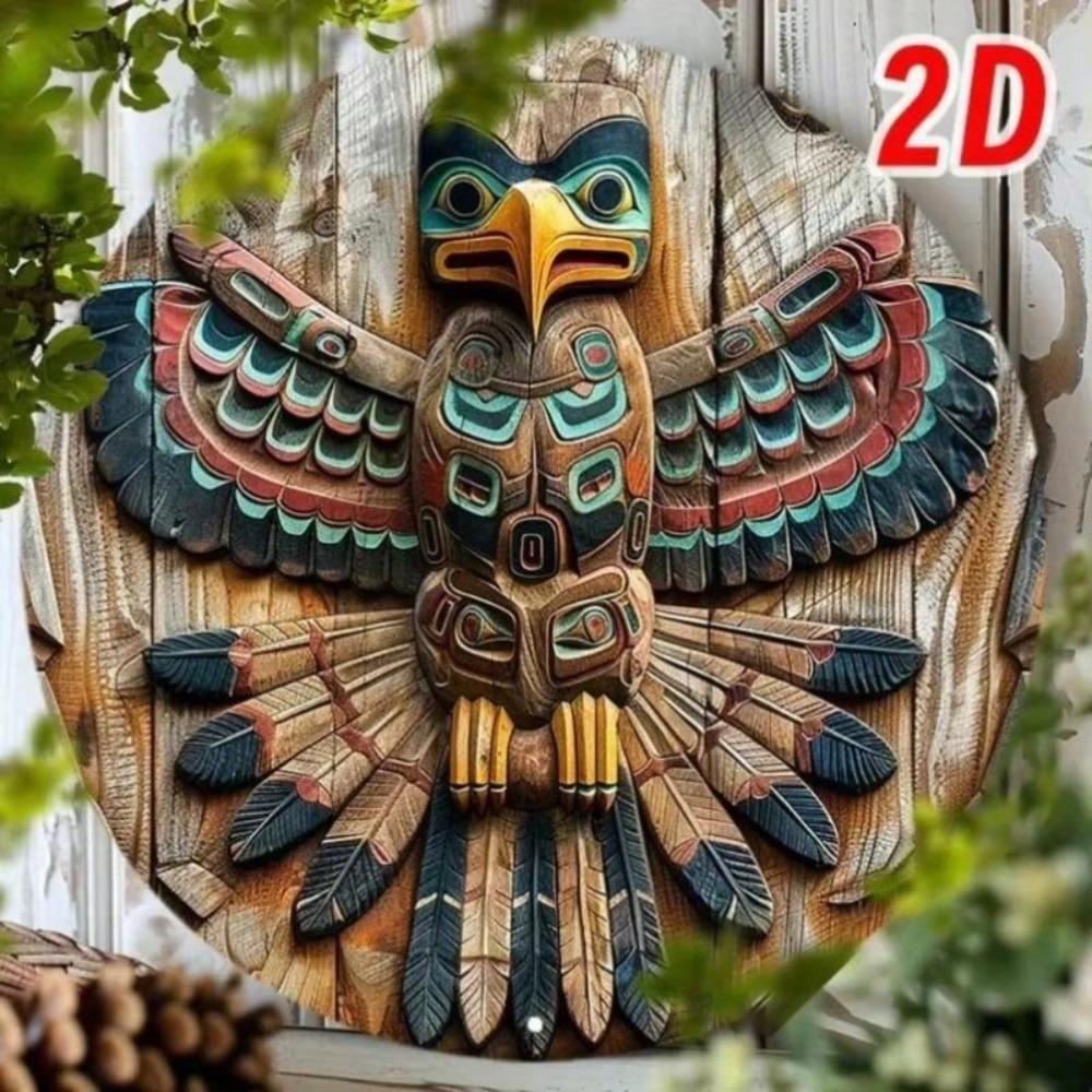 Vibrant Native American Totem Pole Metal Wall Art Round Sign Waterproof HD Aluminum