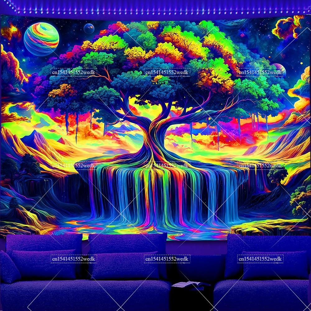 Blacklight Tree of Life Tapestry Psychedelic Space Galaxy Neon Tapestries UV Reactive Tapestry Glow In The Dark Neon Backdrops 100X70CM