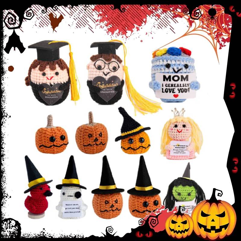 Funny Crochet Pumpkin Doll Positive Knitted Wool Doll Desk Ornaments Christmas Halloween Decoration Party Favor Día de muertos