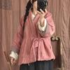 Johnature Parka chaude avec ceinture de Style chinois pour femme, manteaux à manches longues et col en v, en lin, Vintage, couleur unie, automne