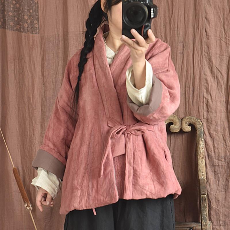Johnature Parka chaude avec ceinture de Style chinois pour femme, manteaux à manches longues et col en v, en lin, Vintage, couleur unie, automne