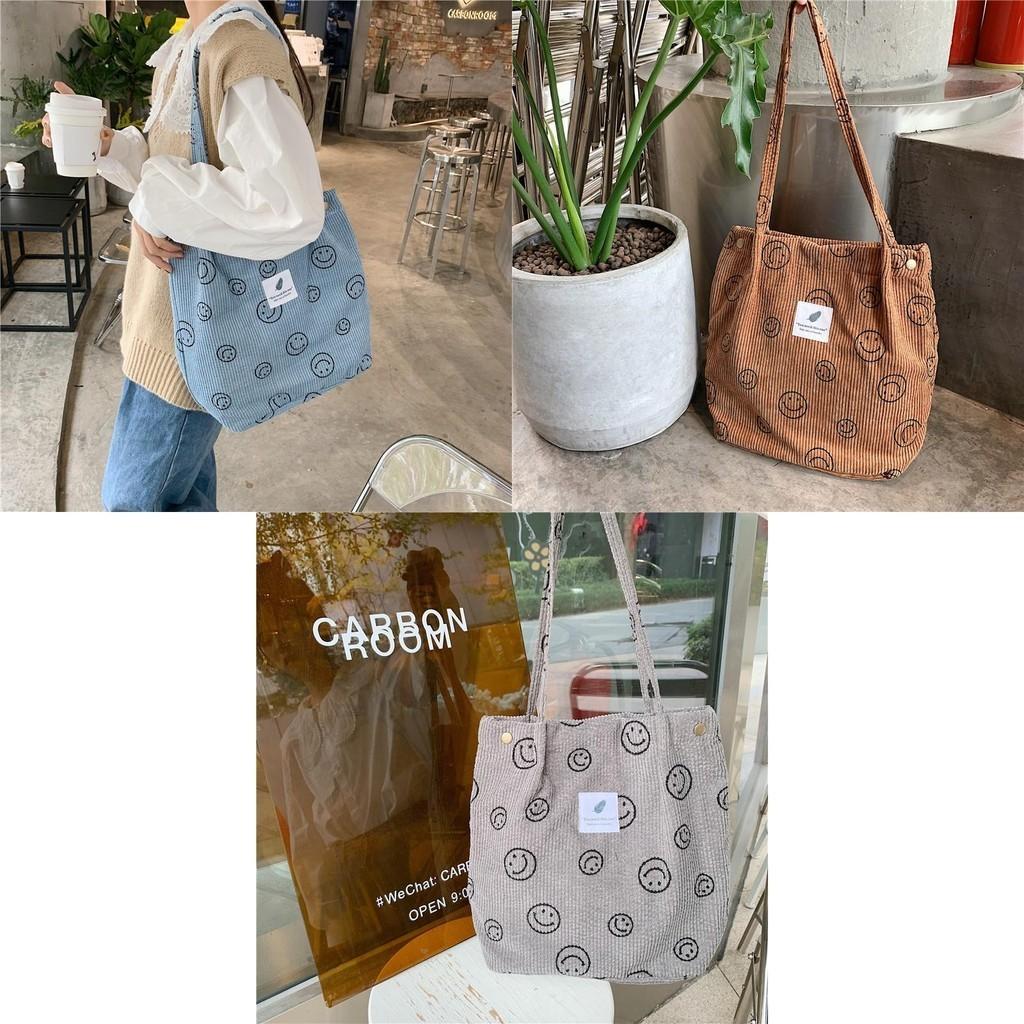 Fashionable Corduroy Smiley Face Tote Bag For Students And Daily Use