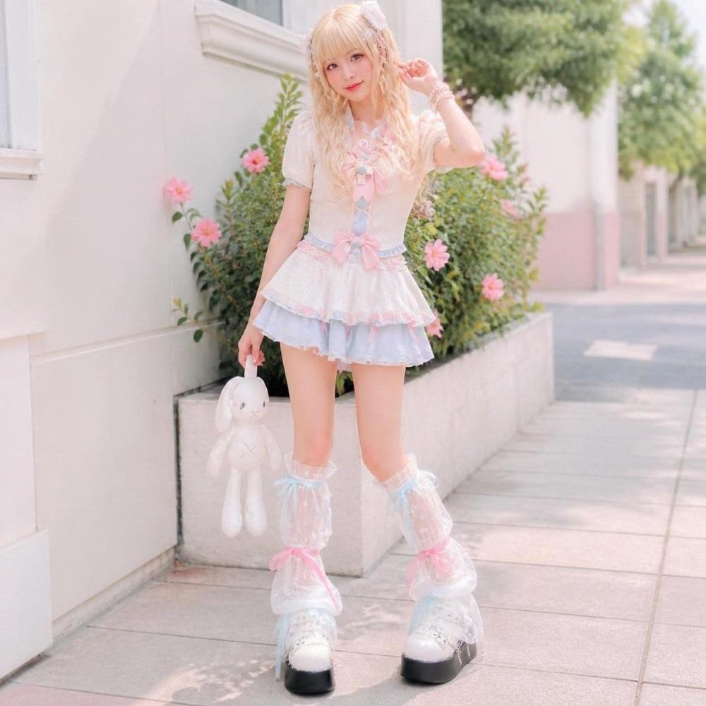 Mesh Fabric Calf Covers Ruffled Trim Knee High Socks Retro Kawaii Leg Warmers  Harajuku Streetwear