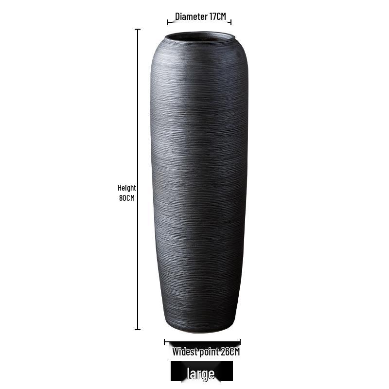 Black Zen-Style Ceramic Floor Vase for Dried Flowers - Retro Terracotta Ornament