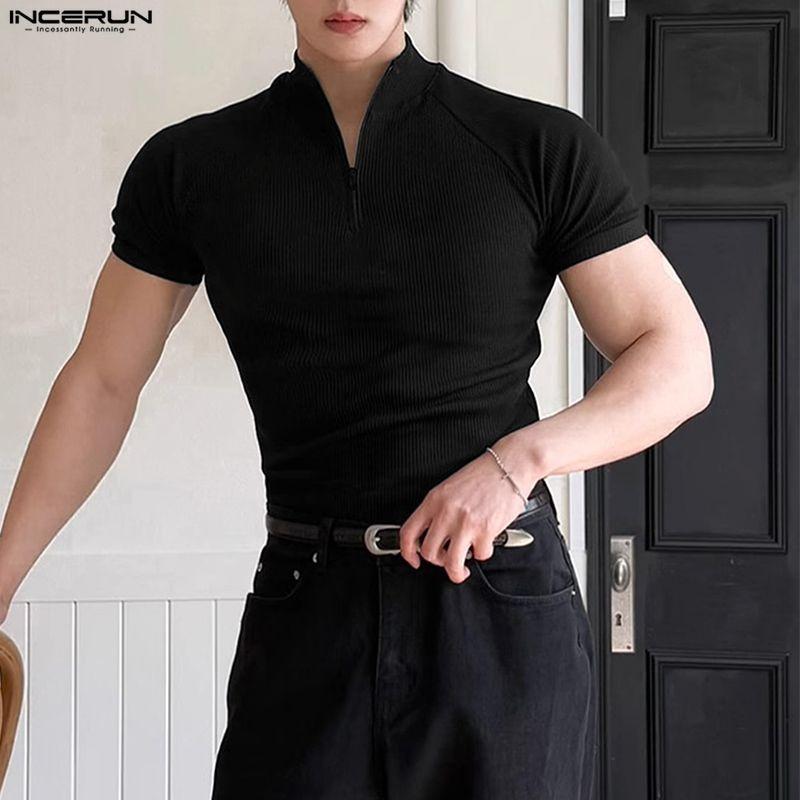 INCERUN Men Zip-up Turtleneck Short Sleeve Rib Fitted T-Shirts Tops